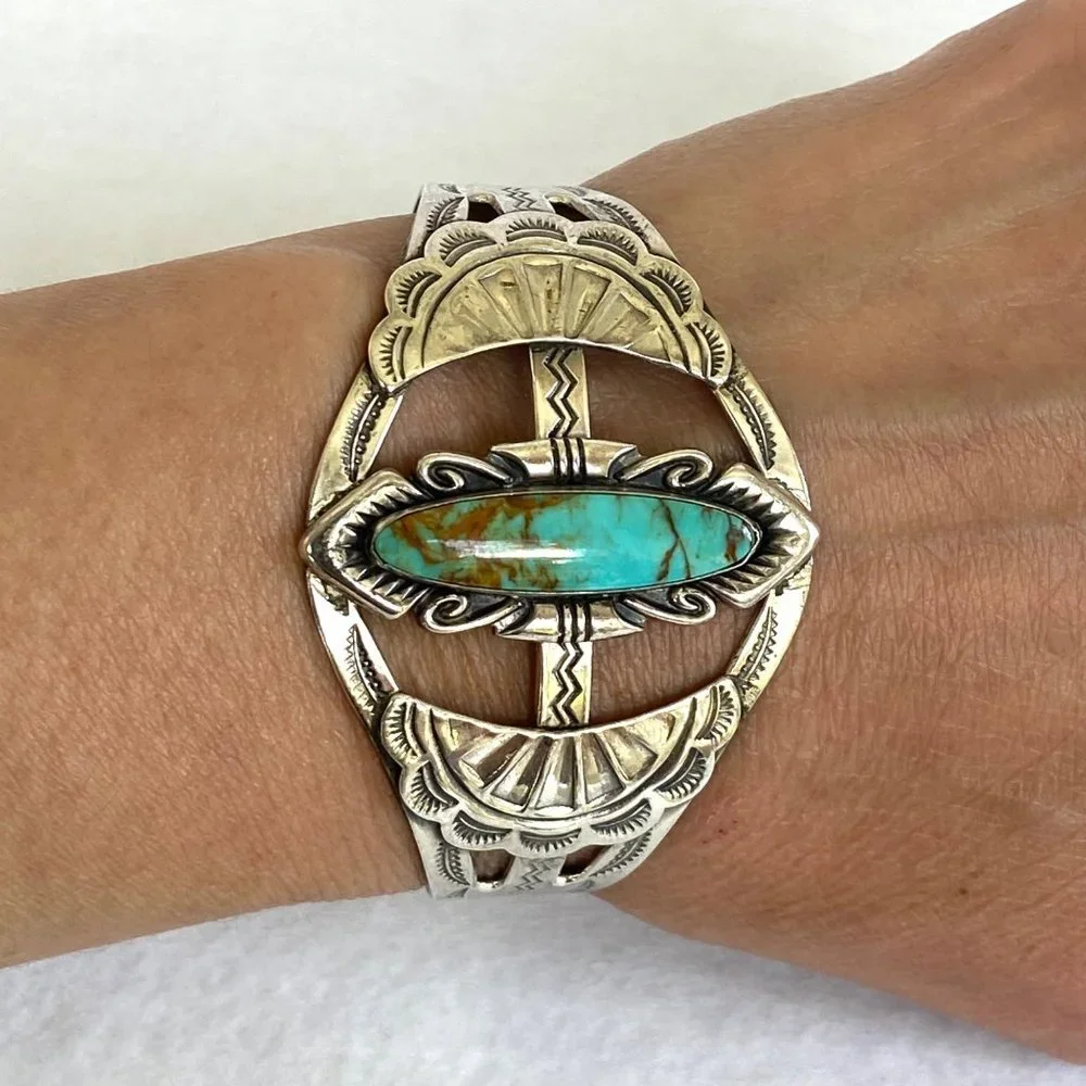 VTG Bell Trading Sterling Silver 925 Southwest Turquoise Wide Band Cuff Bracelet - Picture 2 of 16